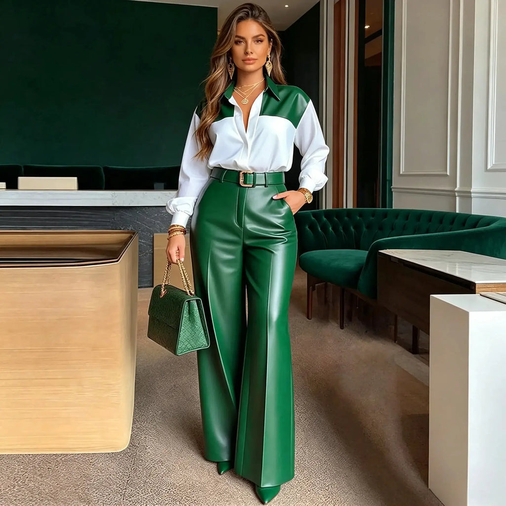 Women's 2-Piece Set: Long Sleeve Shirt and Wide-Leg Faux Leather Trousers