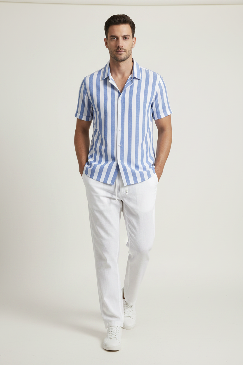 Striped Blue Shirt Suit on male model